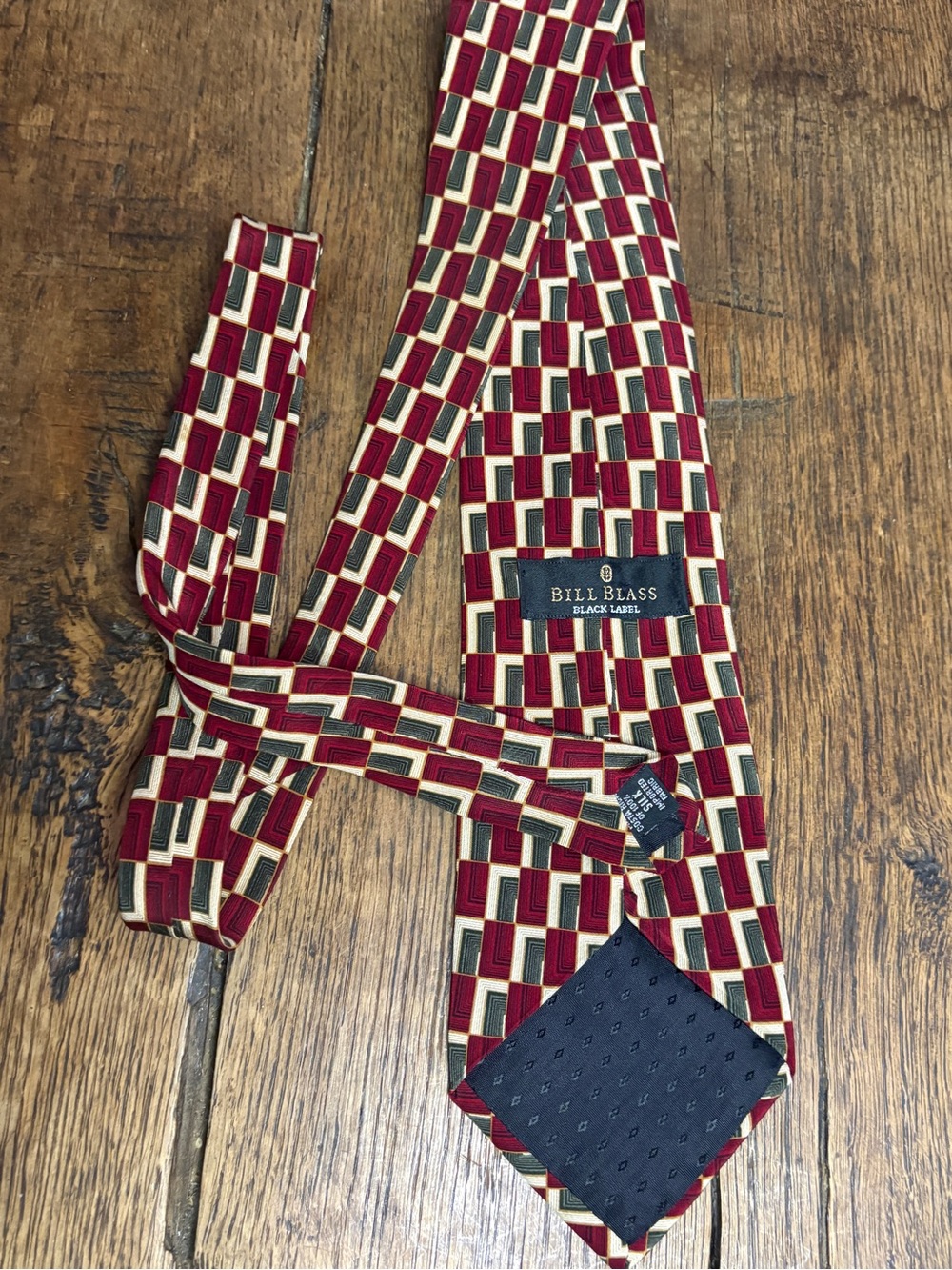 Vintage 90s Bill Blass Black Label Silk Tie Geometric Block Pattern Red Green